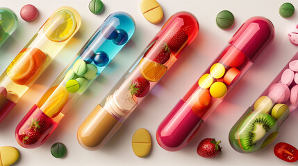 Colorful pills with fruits and vegetables