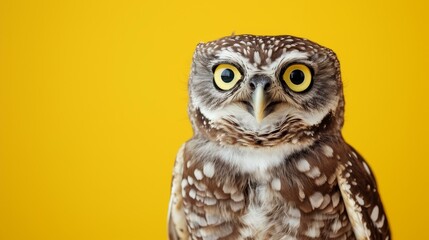 Obraz premium Owl with a shocked expression on a vivid yellow backdrop.