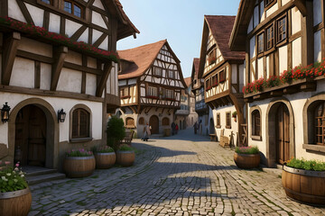Obraz premium A photorealistic 3D rendering of a quaint European village street with half-timbered houses