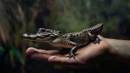 Miniature alligator sits on a human hand against a stark white background.