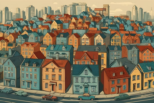 Artistic rendering of a vibrant city with densely-packed colorful houses and cars, depicting urban life
