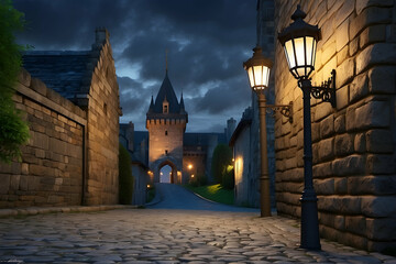A serene evening scene featuring a medieval castle illuminated by street lamps along a cobblestone...
