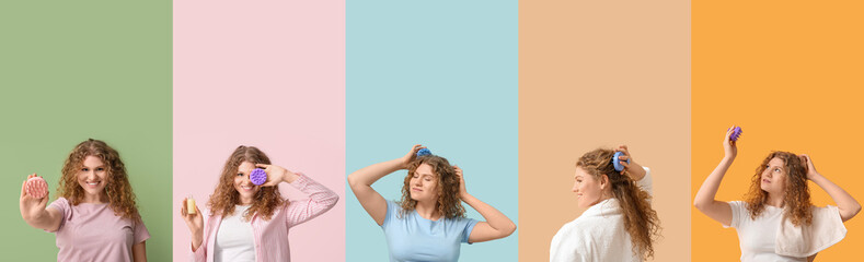 Collage of young woman with hair scalp massagers on color background