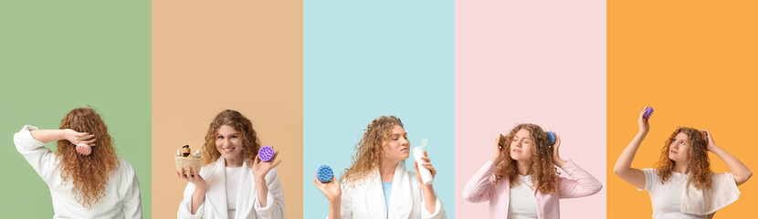 Set of young woman with hair scalp massagers and cosmetics on color background
