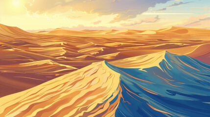 A desert with stunning blue sand under a golden sky.