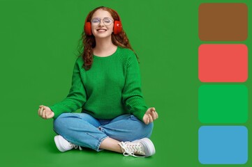 Young woman meditating while listening to music on green background. Different color patterns