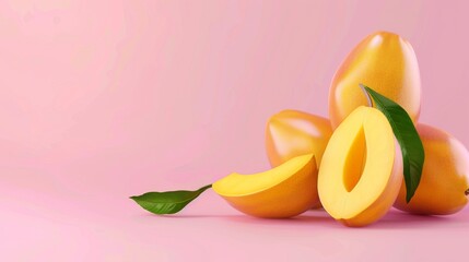 Mangoes, a photorealistic illustration against pastel pink background with copy space for text or...