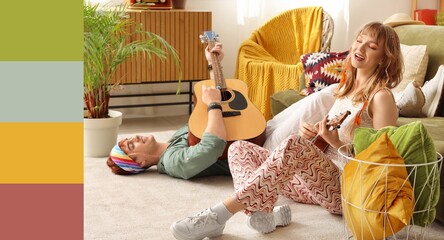Couple of hippies playing guitars at home. Different color patterns Keywords
