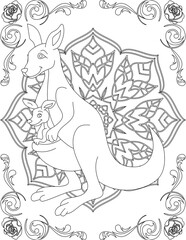 Kangaroo on Mandala Coloring Page. Printable Coloring Worksheet for Adults and Kids. Educational Resources for School and Preschool. Mandala Coloring for Adults