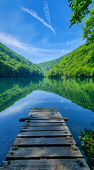 Serene Lakeside View, a Mirror-Like Water Reflecting Lush Greenery Under the Clear Cloud-Covered Blue Sky