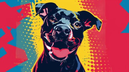 Colorful pop art illustration of a happy black dog with a vibrant and bold background, showing excitement and joy.