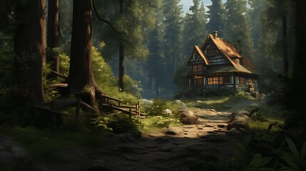 Oil painting. Small Hut on the lake. Generative AI