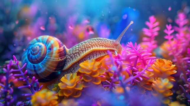 A colorful snail crawls through neon-hued foliage in a vibrant photograph, showcasing the beauty of nature's small wonders.