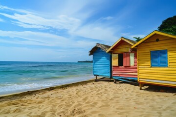 Colorful wooden huts on a beach with blue water and clean sand