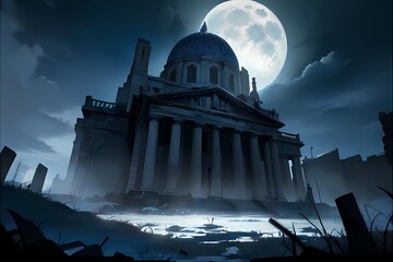 Obraz premium ホラーゲーム背景闇夜の黒遺跡ドーム状の屋根の城廃墟シルエット