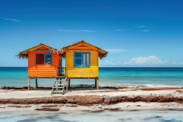 Colorful wooden huts on a beach with blue water and clean sand