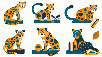 Fototapeta premium full body jaguar cheetah multiple items blue orange spots mascot vector icon sheet generative ai
