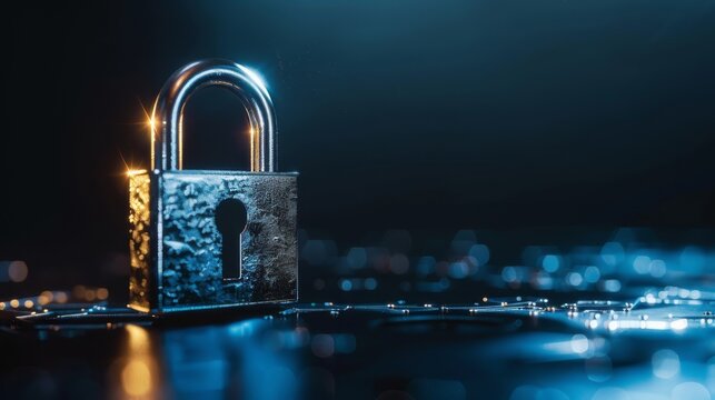 Close-up of a secure padlock on a digital background, symbolizing cybersecurity, data protection, and online security measures.