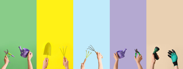 Collage of hands holding gardening supplies on color background