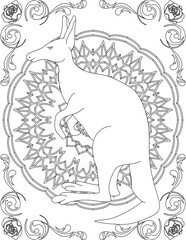 Kangaroo on Mandala Coloring Page. Printable Coloring Worksheet for Adults and Kids. Educational Resources for School and Preschool. Mandala Coloring for Adults