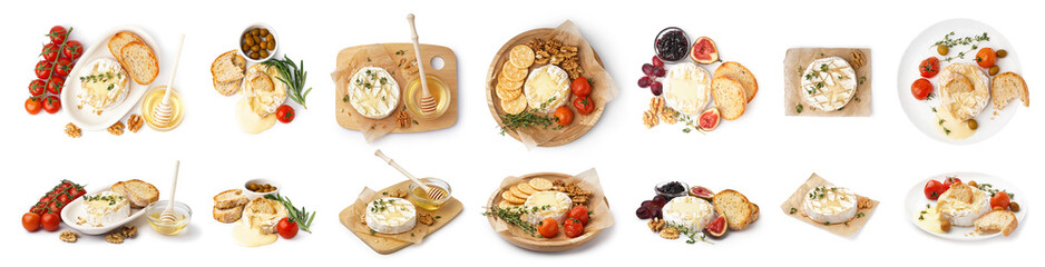 Collage of tasty baked Camembert cheese with snacks on white background