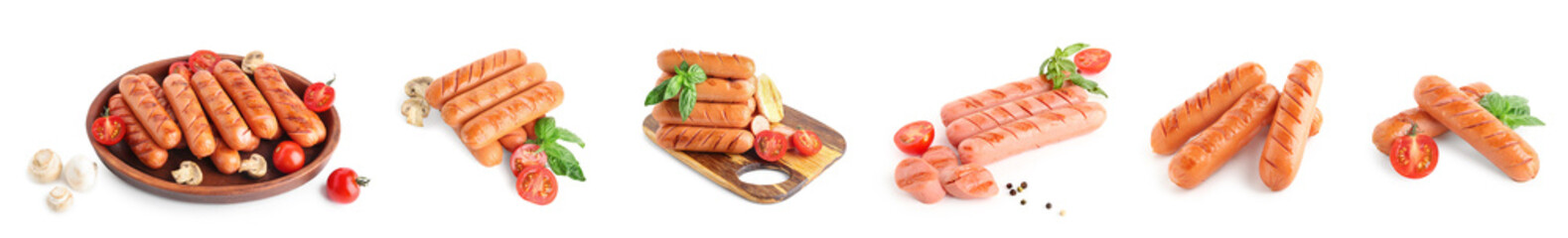 Collage of grilled sausages isolated on white background