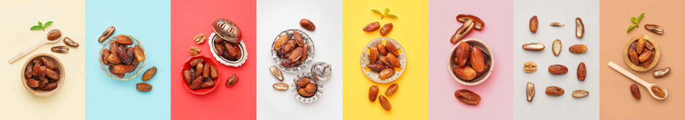 Collage of sweet dates on color background
