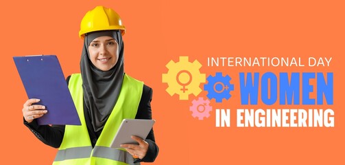 Banner for International Women in Engineering Day with female Muslim worker