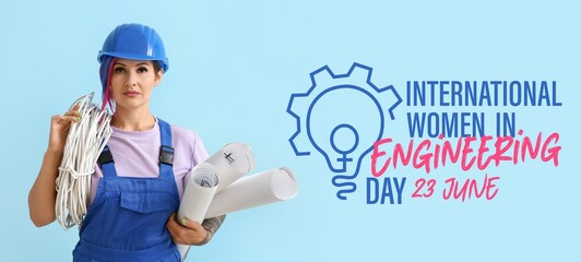 Banner for International Women in Engineering Day with female worker holding blueprints and wire