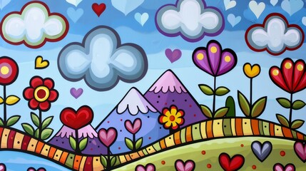 Colorful whimsical landscape with flowers, hearts, and mountains. Bright cartoonish design perfect for creative projects and decorations.