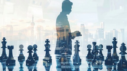 Businessman moving chess piece on board with double exposure of city skyline,