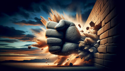 Powerful fist breaking through a brick wall, symbolizing strength, determination, and overcoming obstacles at sunset.