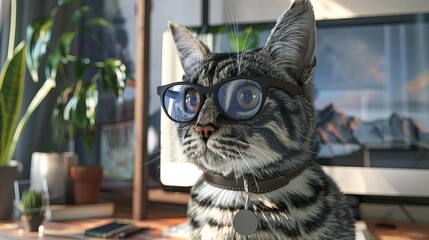 Cute tabby cat wearing glasses, sitting in a cozy office space with plants and computer background.