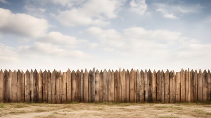 Rustic wooden fence under a blue sky with clouds, perfect for backgrounds and rural themes