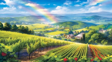 Scenic vineyard landscape with a vibrant rainbow across rolling hills and lush green fields under a bright blue sky.