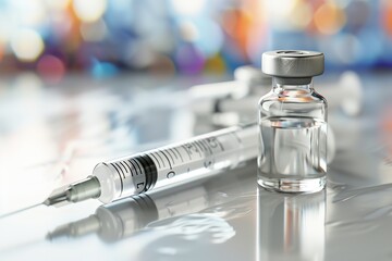 Vial and syringe with closeup needle on medical background