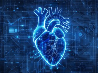 Digital hologram of a human heart with circuit background, representing medical technology and futuristic healthcare.