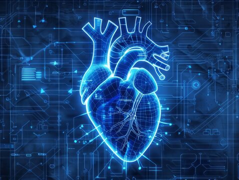 Digital hologram of a human heart with circuit background, representing medical technology and futuristic healthcare.