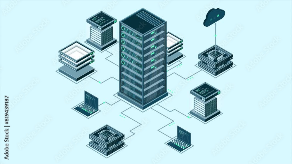 Poster Isometric computer technology animation. Computation of big data center. Cloud computing. Online devices upload and download information. 4K video animated in isometric style