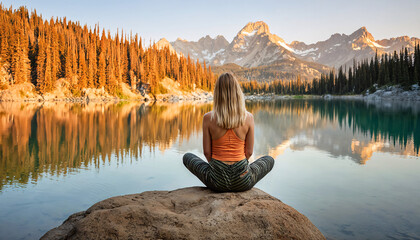 Woman Meditating by Mountain Lake with Forest and Snow-Capped Peaks at Sunset