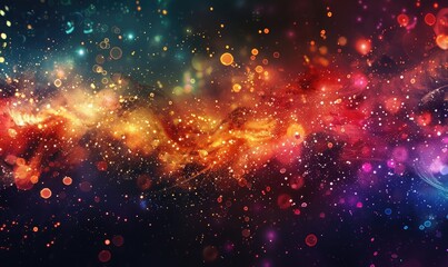 Abstract colorful background with a dark night sky and stars, fantasy illustration with splashes of color like an explosion of paint particles