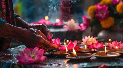 A pair of hands carefully arranging fresh lotus flowers as offerings on a temple altar, with flickering candles and burning incense, symbolizing devotion and reverence to the Buddha and his teachings