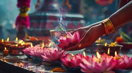 A pair of hands carefully arranging fresh lotus flowers as offerings on a temple altar, with flickering candles and burning incense, symbolizing devotion and reverence to the Buddha and his teachings