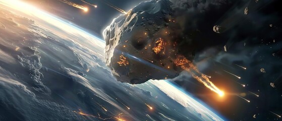 Dramatic depiction of a massive asteroid entering Earth's atmosphere, creating fiery trails and...