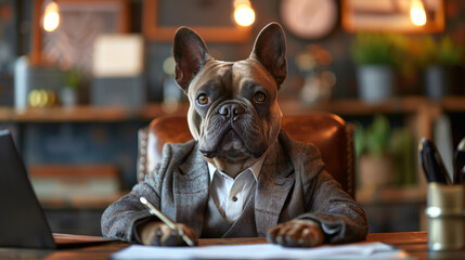 French Bulldog in a business suit, sitting at a desk with a laptop and paperwork