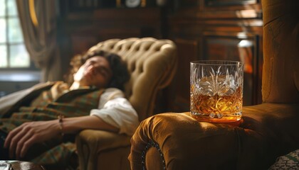 An elegant glass of whiskey sitting on a table next to a disheveled person sleeping in a chair