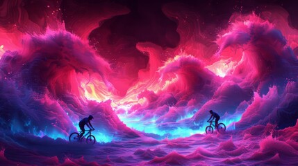 Surreal Fantasy Biking Adventure: Cyclists Navigate Luminous Waves in a Vibrant Dreamscape of Neon Pink and Blue Clouds