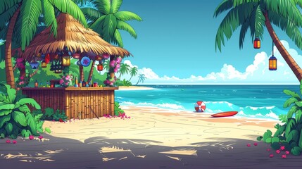 Tropical Beach Scene with Tiki Bar, Palm Trees, and Kayak: A Serene Island Paradise Captured in Relaxing Coastal Artwork