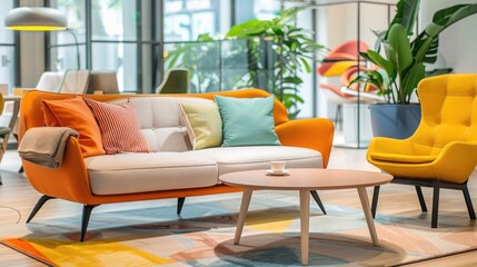Colorful sofa and armchair in a modern office or hotel lounge area with a coffee table, a pastel colored home interior design of a work space at a business center,