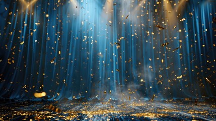 An elegant stage background with blue and gold lights, golden confetti falling on the dark stage...